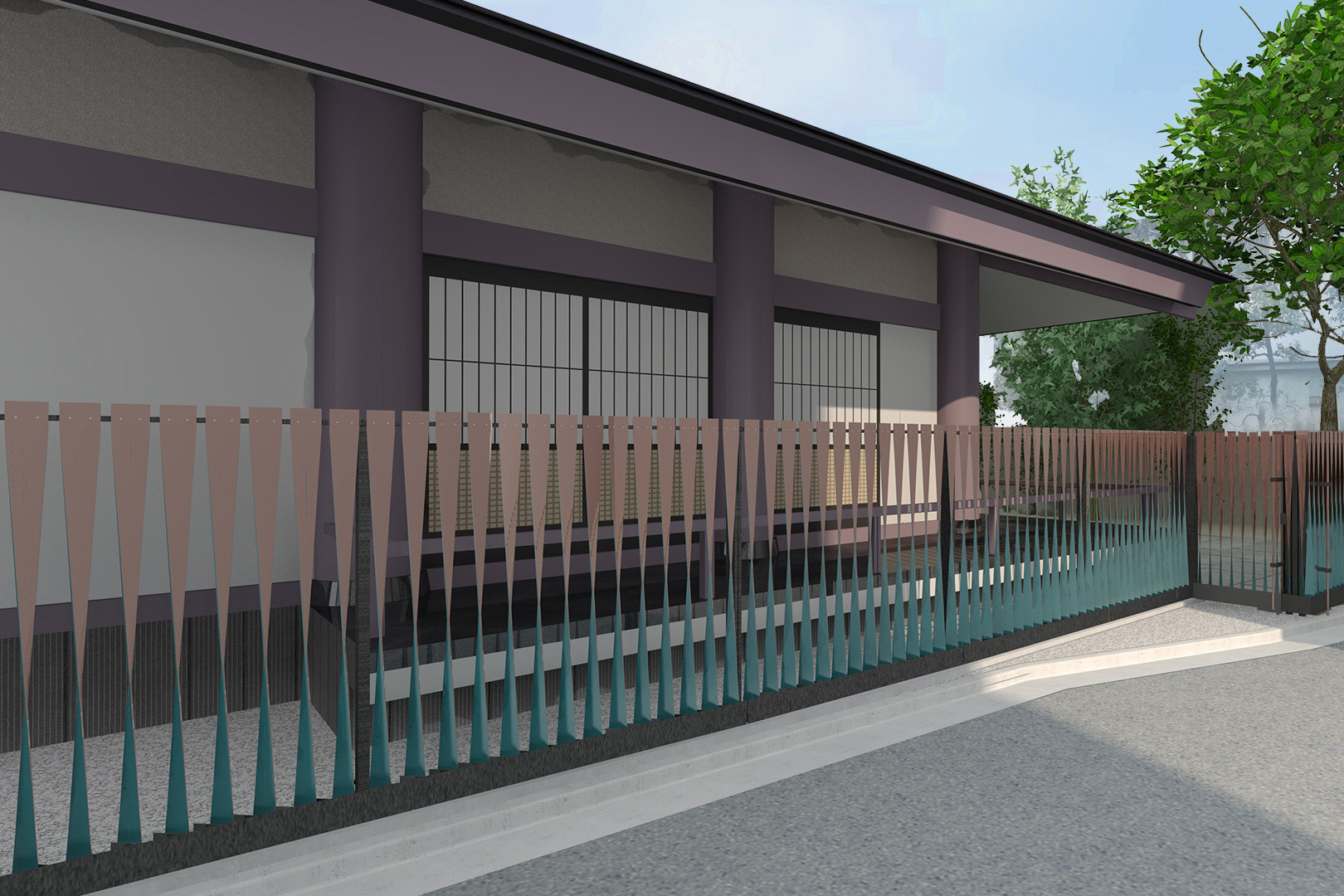01Saihou-ji (西巣鴨西方寺門塀｜寺宝の銅鏡とお寺のマスコットである見返り招き猫から着想し、表裏で異なる表面処理を施した約140枚の銅板を135°ひねり並べた門塀。2022年8月竣工予定。)